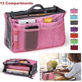 Women Lady Travel Insert Handbag Organiser Makeup Bags Toiletry Purse Liner w/Hand Strap (Color: Pink)